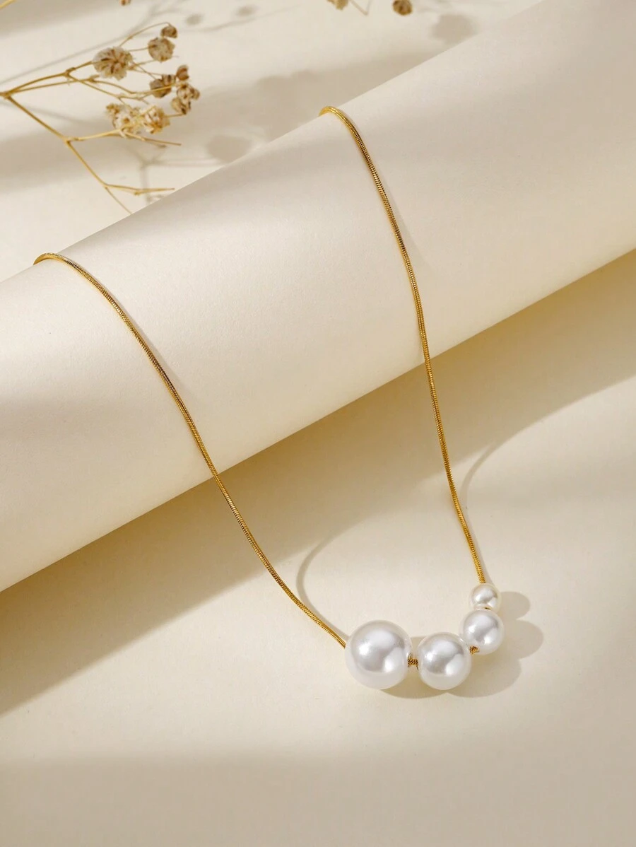 1入不褪色不退色的不銹鋼蛇骨鍊搭配人工珍珠的基礎女士項鍊 - 珍珠吊墜 - 查看 1