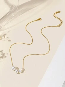 1入不褪色不退色的不銹鋼蛇骨鍊搭配人工珍珠的基礎女士項鍊 - 珍珠吊墜 - 查看 2