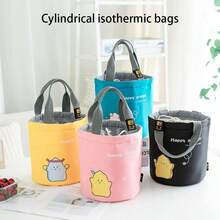 防水牛津布拉繩圓形印花午餐袋,可攜帶保溫冷凍袋的野餐包 - 黑色 - 查看 9