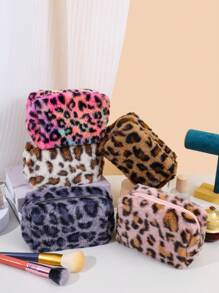 1個可愛的毛絨化妝包,豹紋八角包,暖冬便攜式手拿包,時尚化妝品組織器,多功能旅行收納包 - 白色 - 查看 5