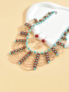 1套多層串珠波西米亞風格高級項鍊和耳環套裝 - 彩色 - 查看 4