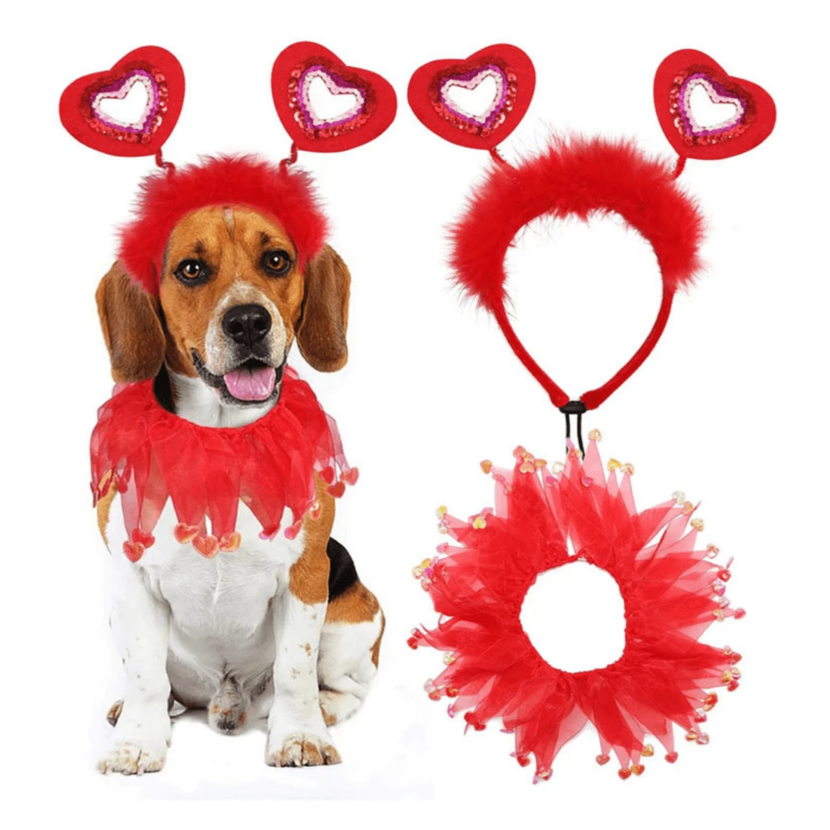 2入組紅色情人節狗裝包括心形發帶和蓬松裙子,適用於大中型狗狗 - 紅色 - 查看 1