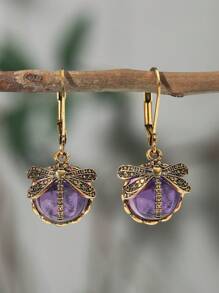 1pair Vintage Dragonfly & Moonstone Pendant Dangle Earrings For Women, Perfect For Daily Wear Or As A Gift - Earrings - View 1