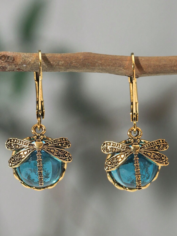1對復古蜻蜓＆月石垂吊耳環,適合女士日常佩戴或作為禮物 - 耳圈 - 查看 5