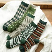 5pairs/Set Men's Spring And Autumn Retro Pile Socks, Couple Socks, Mid-Tube Socks - Green - View 1