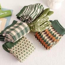 5pairs/Set Men's Spring And Autumn Retro Pile Socks, Couple Socks, Mid-Tube Socks - Green - View 5