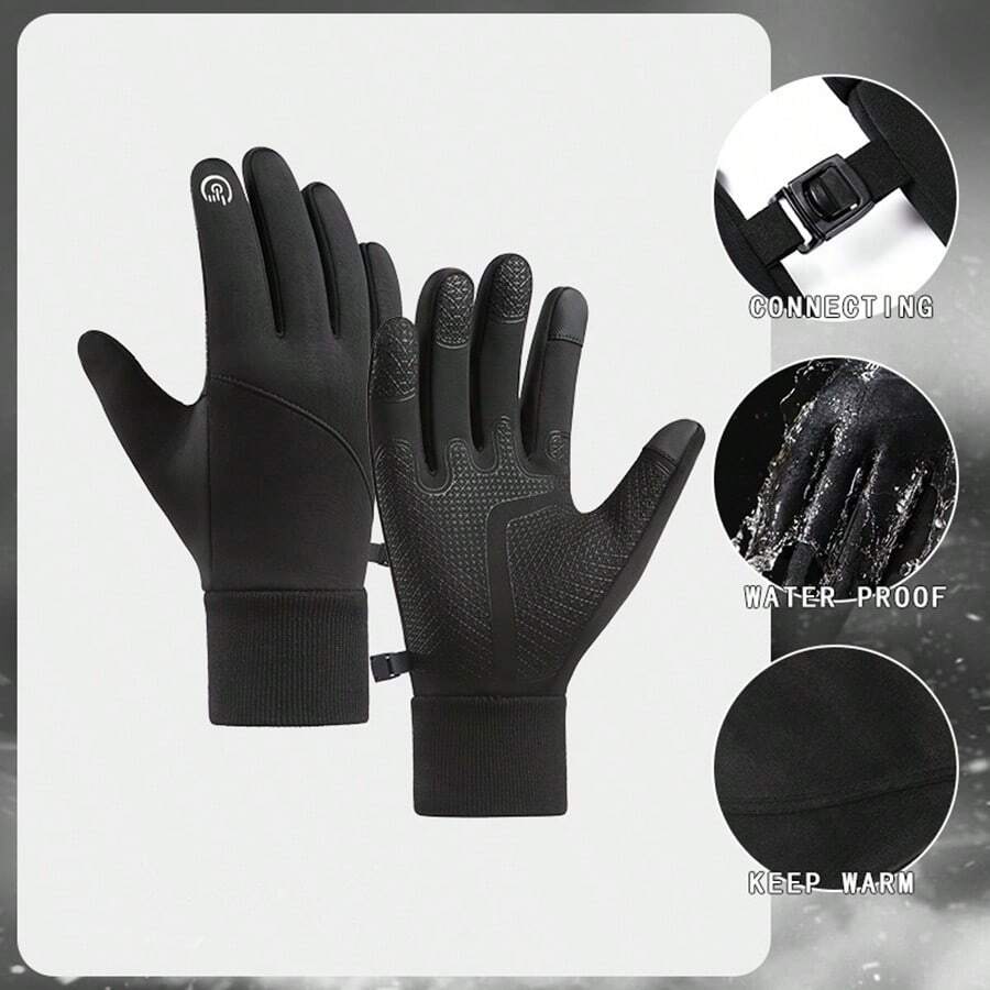 1pair Outdoor Sports Men's Fleece Touch Screen Waterproof Warm Cycling Gloves - Black - View 1