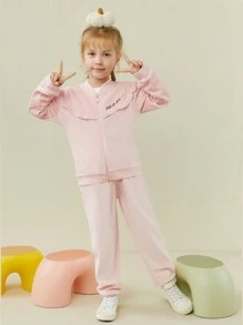 2入組幼兒女孩甜美粉色字母刺繡拉鍊上衣和褲裝 - 粉色 - 查看 1