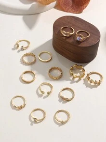 1套14入簡約時尚可疊合合金戒指組,適用於女士晚會或旅行配飾,姊妹禮物 - 金黃色 - 查看 4