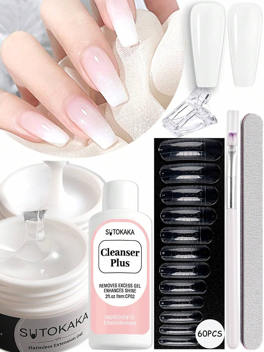 美甲實心聚合凝膠套裝,透明白色2件裝延展凝膠套裝,美甲強化修復凝膠美甲套裝,包含60件美甲模具,適用於初學者在家製作美甲設計 - 彩色 - 查看 1