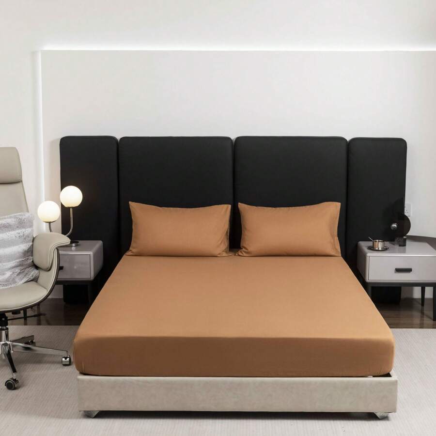 3 Cái/bộ Đồng Màu Trang Bị Tấm Bộ, 1 Tấm & 2 Vỏ Gối, Bộ Tấm Polyester Hiện Đại Cho Phòng Ngủ - Lạc đà - Xem 1