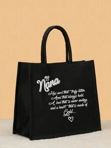 可重複使用的亞麻手提袋,nana字母圖案老師護士感謝禮物女士亞麻高容量手提袋畢業禮物字母印刷時尚最佳婆婆手提袋學校禮物沙灘度假,禮物袋,好吃的袋子,聖誕禮物袋,主題派對禮品,萬聖節禮物袋,婚禮禮物袋,感恩節禮物,給媽媽的禮物,朋友的新奇禮物,姊妹和家人的新年禮物,情人節禮物購物袋黑色袋手提包度假必備情人節禮物 - 黑色 - 查看 1