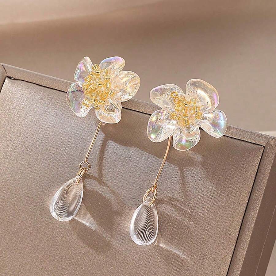 S925 Silver Needle Long Tassel & Transparent Floral Earrings For Women, And Versatile Earrings For Ins Style - Transparent Flower Earrings - View 1