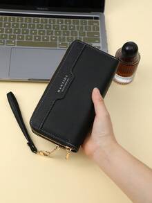 女用 Pu 皮長皮夾附腕帶,雙拉鍊,字母圖案,純色（相容手機） - 黑色 - 查看 3