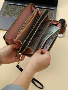 女用 Pu 皮長皮夾附腕帶,雙拉鍊,字母圖案,純色（相容手機） - 黑色 - 查看 2