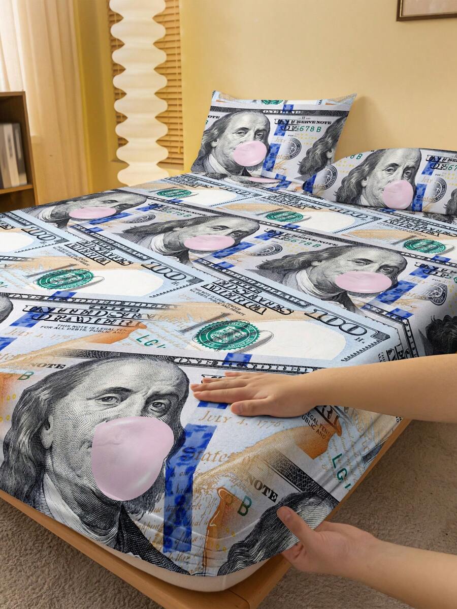 1pc Fashionable Printed Brushed Fitted Sheet, Dustproof For Home Bedding Decor - Multicolor - View 1