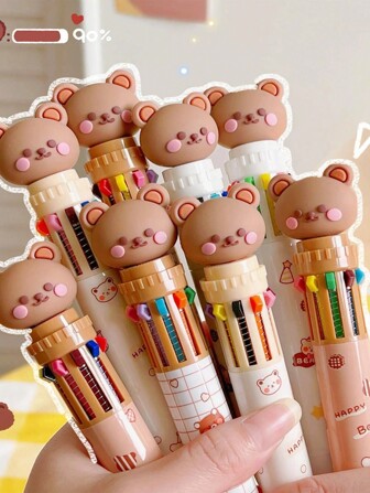 2pcs Random 10-Color Bear Animal Design Ballpoint Pens, Suitable For Office And School Use