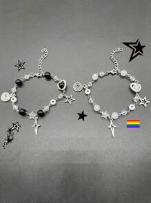 2pcs European Style Glass Alphabet Beaded Star & Heart Shape Magnetic Couple Bracelet For Him & Her - A Unique Gift For Her - 彩色 - 查看 12