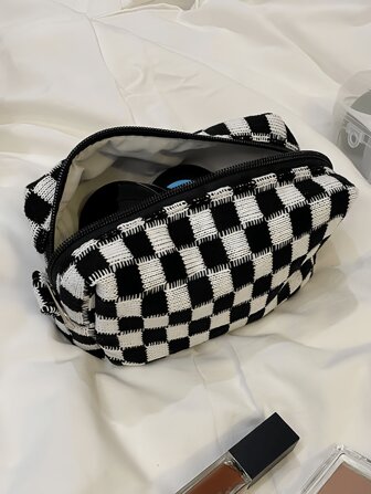 1 pieza Bolsa de maquillaje negra, bolsa de cosméticos cuadrada a cuadros impermeable, bolsas para mujeres para maquillaje, estuche pequeño para almacenamiento de maquillaje, bolsas de viaje para damas, estuche grande de gran capacidad para brochas de maquillaje, organizador de viaje para artículos de tocador, bolsa de maquillaje, bolsa de maquillaje, bolsa de cuidado de la piel, bolsa de tocador, cubos de embalaje, artículos de viaje esenciales