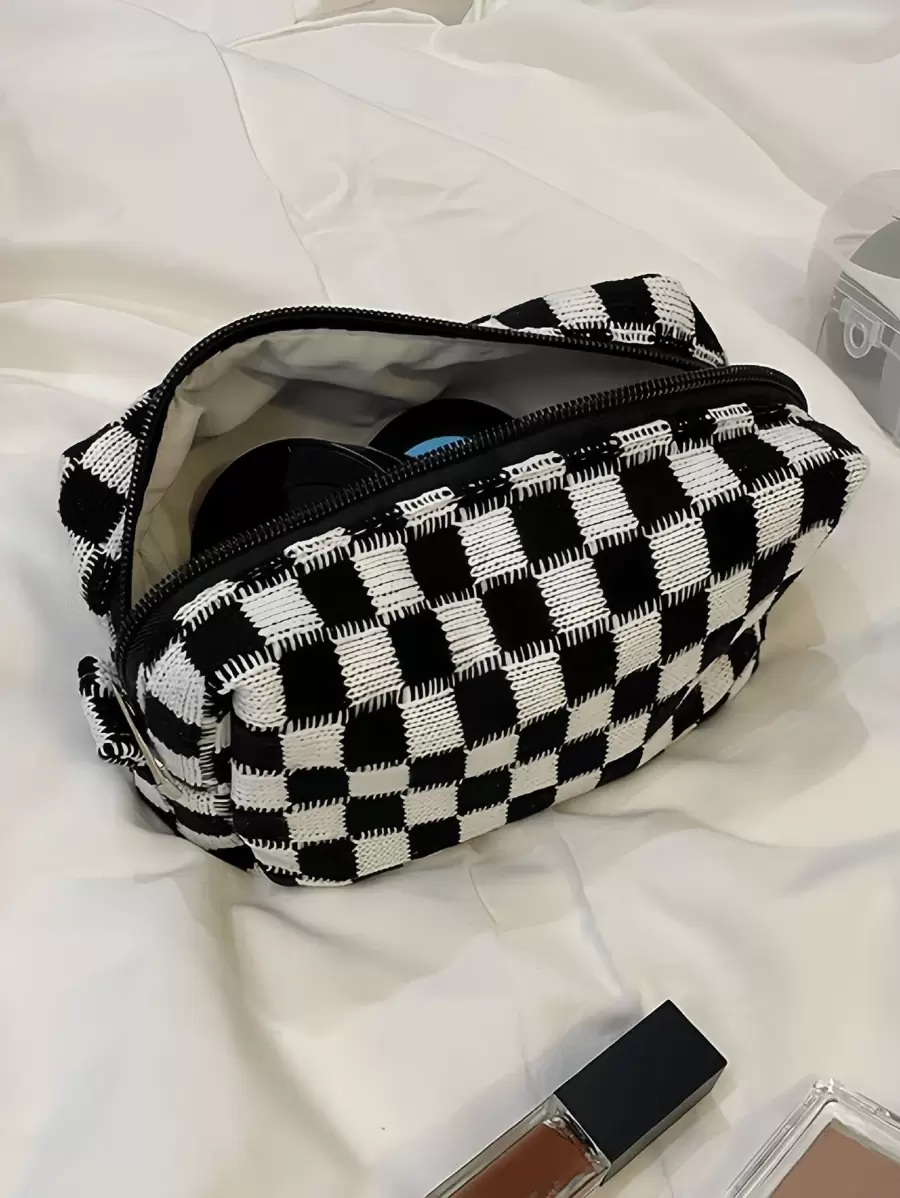 1 Stück Make-up Tasche Schwarz, karierter wasserdichter Kosmetikbeutel quadratisch, Frauenbeutel für Make-up, kleine Aufbewahrungstasche für Make-up, Reisebeutel für Damen, großer Stifteetui Reise-Kulturtasche mit hoher Kapazität für Kosmetikpinsel, Reise-Kulturtasche, Make-up Tasche, Make-up Beutel, Hautpflege Tasche, Kulturtasche, Packwürfel, Reiseaccessoires Aufbewahrung Make-up Organizer Make-up Koffer
