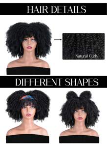12 吋短髮非洲捲髮假髮帶瀏海女式角色扮演蘿莉合成天然無膠棕色混合金色假髮 - 黑色 - 查看 7