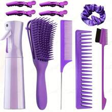 10Pcs Hair Brush Comb Set For Curly Hair With Hair Spray Bottle, Rat Tail Comb, Wide Tooth Comb, Crocodile Clips, Hair Styling Brush Set,Back To School,Travel Holiday Essentials,Hair Accessories For Women,Slick Back Brush,Barber Accessories,Hair Dryer,Hair,Barber,Hair Tools,Hair Products,Hair Accessories,Edge Brush,Styling Brush,Barber Accessories,Travel,Hair Dryer,Hair Stuff,Hair Spray,Hair Accessories,Curly Hair Products,Hairdressing Equipment,Accessories,Hair Cutting Scissors,Christmas,Barbershop,Barber Accessories,Hair Accessories,Hairdressing,Hair Dryer,Hair, Accessories, Hair Products, Hair Tools, Hair Stuff, Hair Care, Curly Hair Brush, Barber, Barber Accessories, Hairdressing Equipment - Purple - View 2