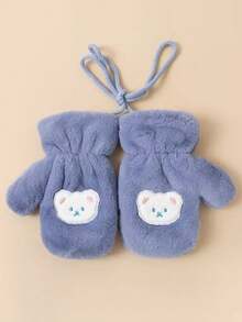 1對兒童冬季手套,保暖織毛帶織繩手套,適用於男孩和女孩 - 藍色 - 查看 2