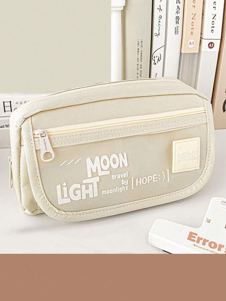 Student Stationery Pencil Case, Simple Japanese Style, Triple Layer Pencil Box With Large Capacity, Highly Attractive , Suitable For Girls - Beige - View 1