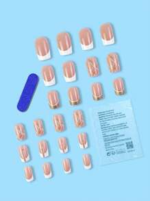 Upgrade Your Look 24pcs Square Shaped French Geometric & Stripe Pattern Nail Wraps Suitable For Women And Girls, Long Pressed Nails Nail Supplies