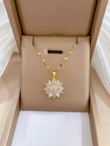 1pc New Vintage Sunflower Titanium Steel Necklace For Women, Premium Design Sweater Chain, Unique Accessory - Multicolor - View 1