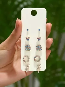 5 Pairs/Set Fashionable Elegant Replaceable Colorful Rhinestones, Butterfly Rings, Leaf Earrings Set Alloy Jewelry Accessories Daily Wear Festive Exquisite Anniversary Gift