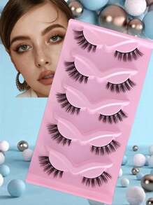 5 對半眼假睫毛 8-13 毫米,自然捲髮,蓬鬆簡約風格；適合貓眼和狐狸眼造型和派對 - 尖尾漫畫款 - 查看 1