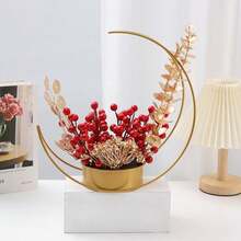 (Semi-Circular Flower Basket) New Year's Blessing Bucket, Red Berries, Lucky Fruit, Acacia Red Beans Artificial Flowers, Ready-Made Bouquet Set, Housewarming Decoration, New House Decoration - Semicircle Flower Basket - View 1
