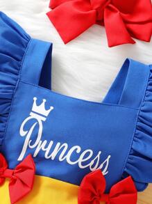 Vestido de una pieza con diseño de corona y letras, decorado con lazo, para bebés y niñas pequeñas - Outfit casual de fiesta y vacaciones, Primavera/Verano