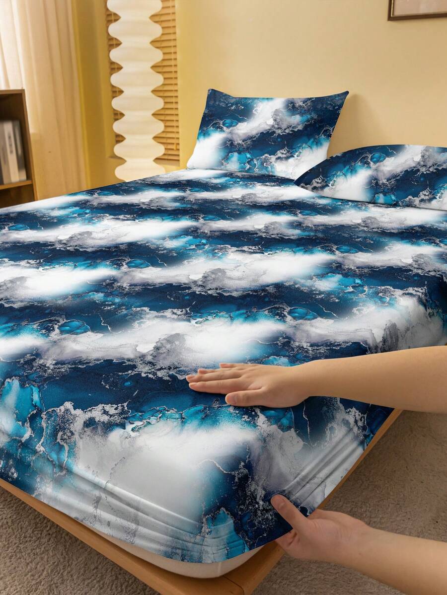 1pc Fashionable Simple Style Printed Fitted Sheet For Bedding, Home Decor