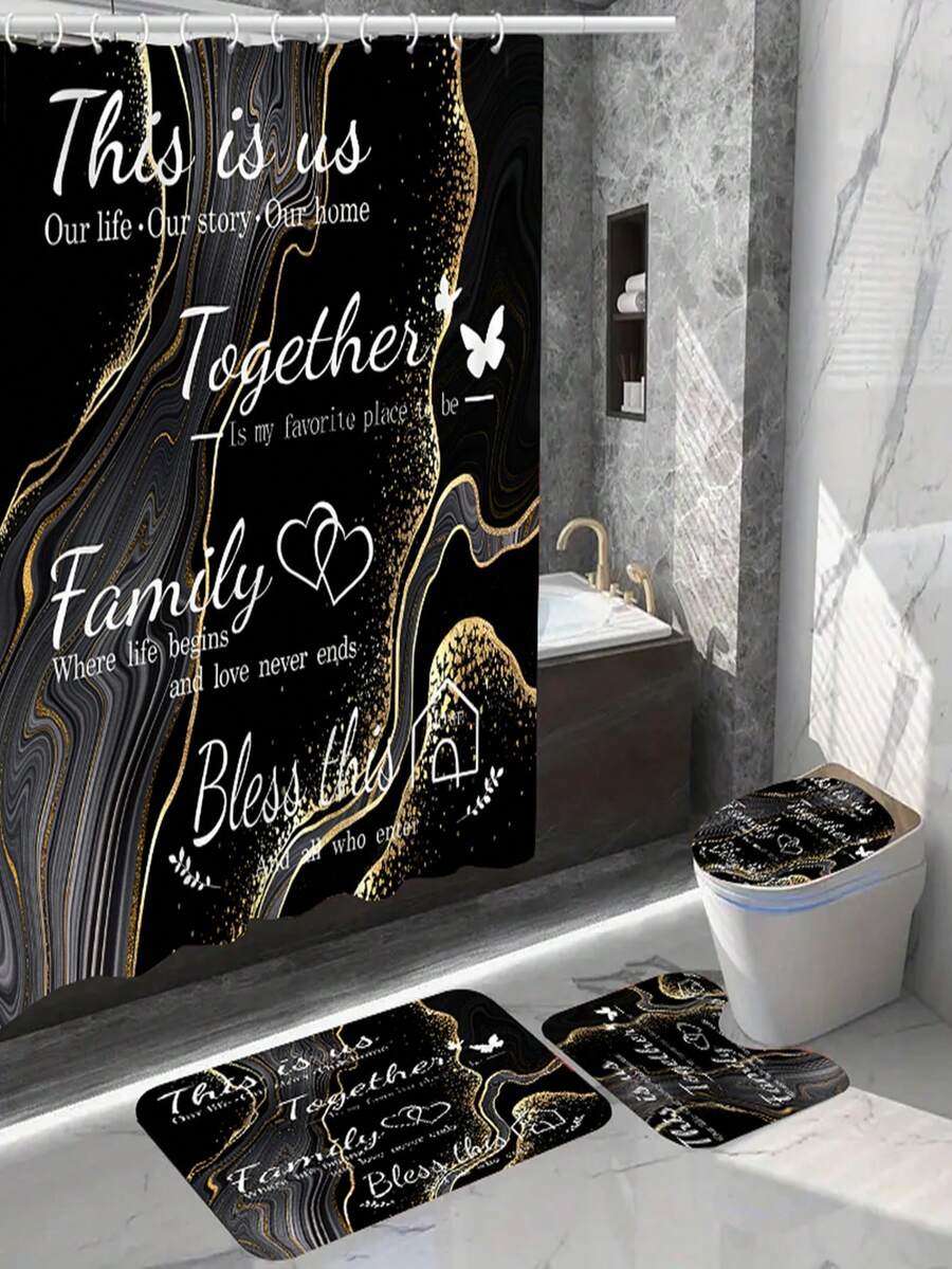 YBLZGCN 家居裝飾防水浴簾套裝附 12 個掛鉤馬桶蓋座椅浴墊浴室防滑地毯地毯聚酯纖維窗簾窗戶浴室配件 - 彩色 - 查看 1