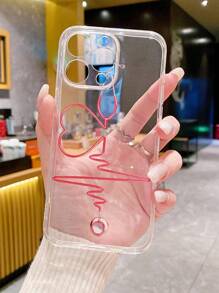 Expressive Clear Phone Case - Red Heart And ECG Lines For A Touch Of Romance, Compatible With IPhone And Galaxy Smartphones