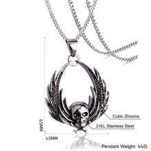 1件欧美风格男士个性化316L不锈钢骷髅头和翅膀形状吊坠，镶嵌满水钻，日常配饰 - 黑色 - 查看 5