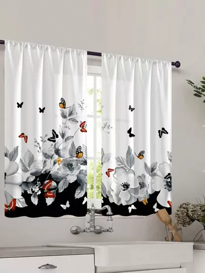 2 件裝新款花朵和蝴蝶數位印花短窗簾,適合廚房或小窗戶裝飾