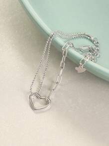 LEKANI 1 件 S925 纯银手链，带有独特的双层不对称爱心形链条，简约百搭设计，是送给好朋友、女朋友、生日或日常佩戴节日的完美礼物 - 銀色 - 查看 1