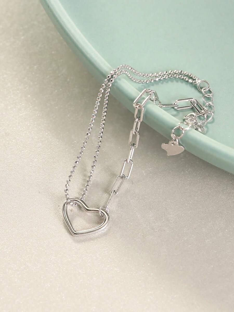 LEKANI 1 件 S925 纯银手链，带有独特的双层不对称爱心形链条，简约百搭设计，是送给好朋友、女朋友、生日或日常佩戴节日的完美礼物 - 銀色 - 查看 1