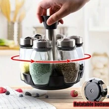 7 合 1 桌面裝飾旋轉香料罐架附 6 件香料罐套裝和旋轉底座,廚房調味品瓶組合套裝 - 杏色 - 查看 10