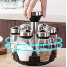 7 合 1 桌面裝飾旋轉香料罐架附 6 件香料罐套裝和旋轉底座,廚房調味品瓶組合套裝 - 杏色 - 查看 1