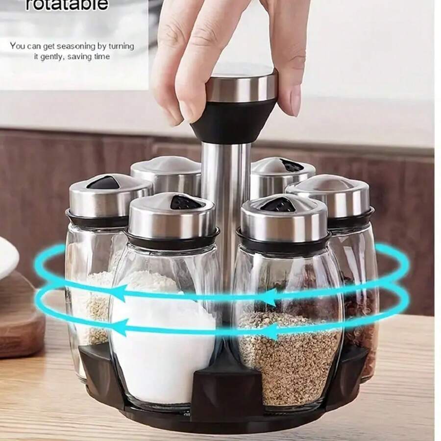 7 合 1 桌面裝飾旋轉香料罐架附 6 件香料罐套裝和旋轉底座,廚房調味品瓶組合套裝 - 杏色 - 查看 1