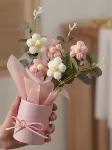 5 件成品手工钩针粉色花束手工针织花束钩针花束套装针织假向日葵玫瑰雏菊适合母亲节生日婚礼感恩节礼物和家居装饰、情人节、礼物、秋季装饰、秋季 - 粉色 - 查看 4