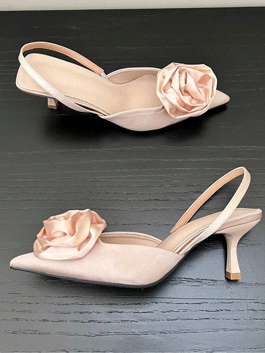 2023新款情人节玫瑰装饰高跟凉鞋，尖头细跟女鞋 - 淺粉色 - 查看 1