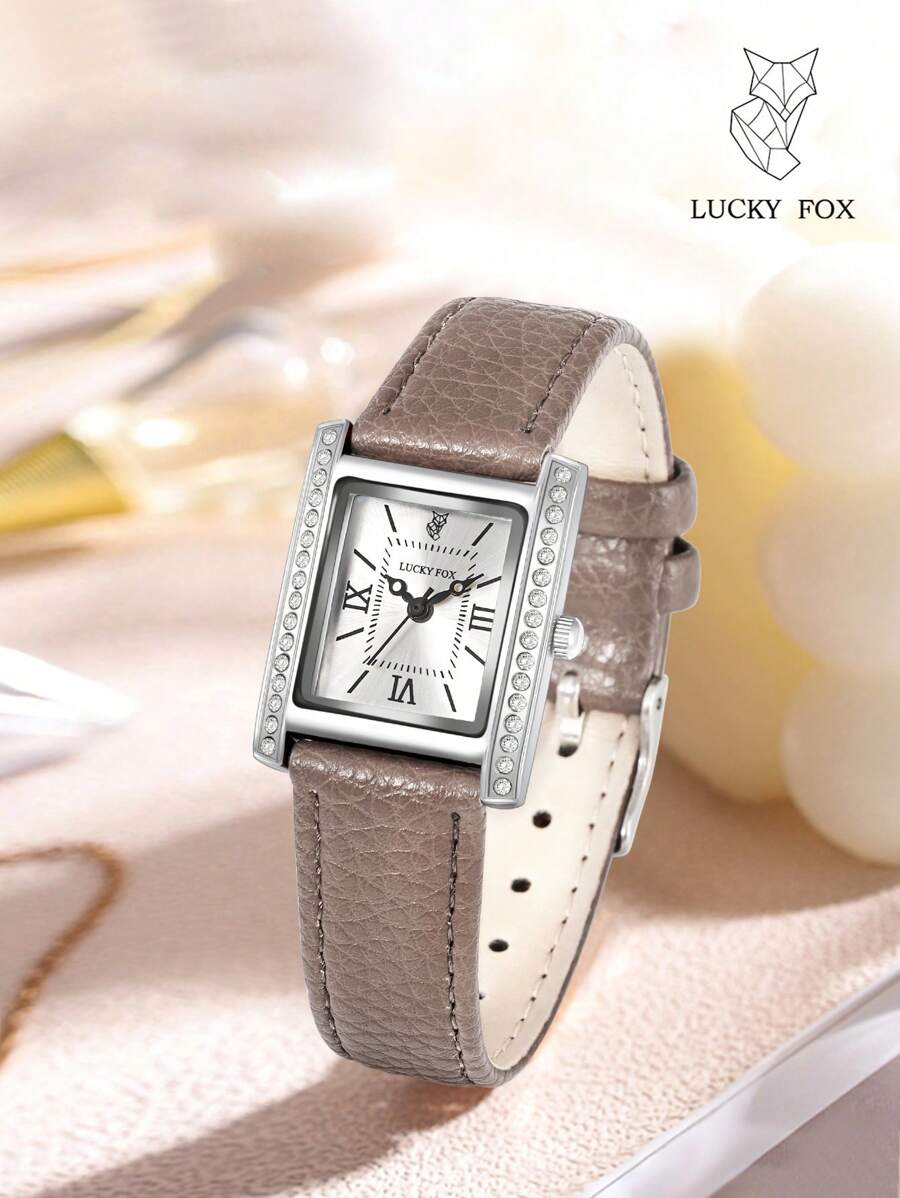 Une montre à quartz avec boîtier, cadran carré avec échelle romaine incrusté de strass, bracelet, montre de luxe vintage pour femmes, convient pour le port quotidien et comme cadeau pour les étudiants retournant à l'école - Kaki - Voir 1