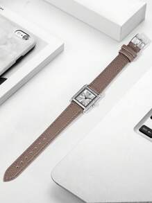 Une montre à quartz avec boîtier, cadran carré avec échelle romaine incrusté de strass, bracelet, montre de luxe vintage pour femmes, convient pour le port quotidien et comme cadeau pour les étudiants retournant à l'école - Kaki - Voir 4