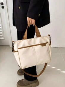 New Fashion Colorblock Lady Tote Bag, Large Capacity Shoulder Bag With European & American Style(Fit For Elegant Girls And Ladies, Can Be Used For Dating, Shopping, Etc. Zipper Closure, Fit For Phone, A4 Pages, Lipstick, Tissues, Simple Makeup, Etc.) - Khaki - View 4