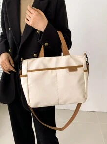 New Fashion Colorblock Lady Tote Bag, Large Capacity Shoulder Bag With European & American Style(Fit For Elegant Girls And Ladies, Can Be Used For Dating, Shopping, Etc. Zipper Closure, Fit For Phone, A4 Pages, Lipstick, Tissues, Simple Makeup, Etc.) - Khaki - View 3